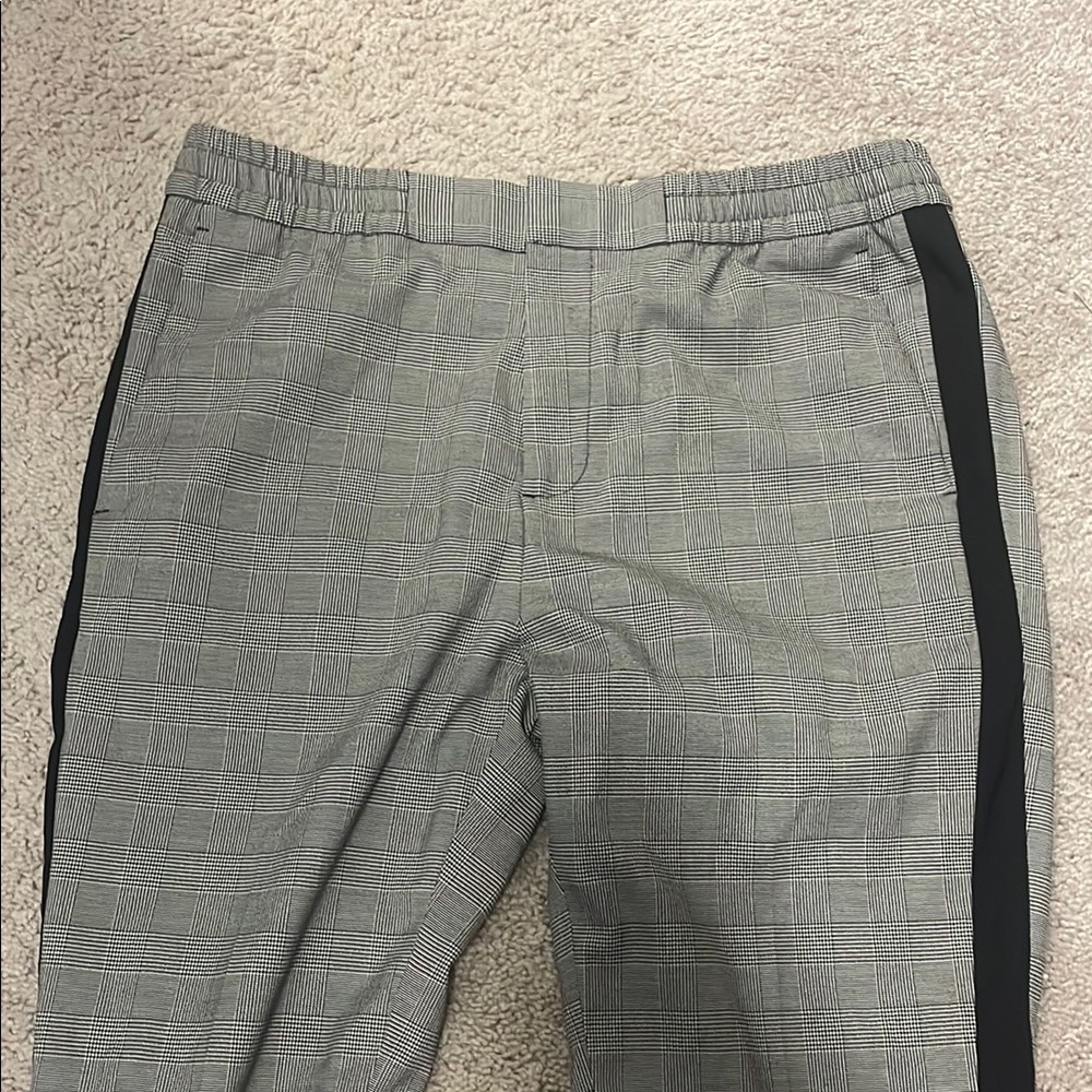 Women Gray Work Plaid Pants with Black Stripe